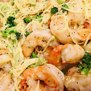 CBD Infused Shrimp and Broccoli Angel Hair Alfredo Pasta